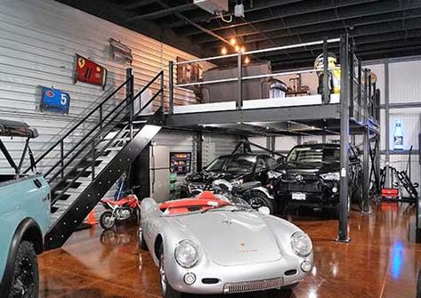 Man Cave Mezzanine, Dream Garage Man Cave, Man Cave Warehouse, Loft Garage, Mechanic Design, Man Garage, Man Cave Design, Garage Cabinet, Garage Loft