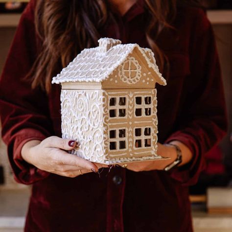 DIY Gingerbread House (Faux) - Chris Loves Julia Paper Mache Gingerbread House, Diy Fake Gingerbread House, Fake Gingerbread House Diy, Faux Gingerbread House Diy, Gingerbread House Glue, Faux Gingerbread House, Diy Gingerbread House, Gingerbread Icing, Faux Gingerbread