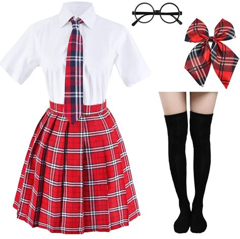 PRICES MAY VARY. Cotton Drawstring closure Material: Terylene+cotton,100% Brand new,Good quality Clothes. Package includes: shirt*1+skirt*1+Bow tie*1+Necktie *1+Over the knee high socks*1+Eyeglass frame*1、6-piece set Suit for: Great for any occasion including suit school uniforms,shopping, traveling ,outdoor,vocation, Cosplay party and so on Design Details :Classic plaid print style, pleated style,lightweight, soft and comfortable to wear,natural and care for skin,Designed with energetic colors School Dress Code, School Uniform Skirts, Costumes Dresses, School Uniform Fashion, School Uniform Outfits, School Skirt, Uniform Design, School Dresses, Uniform Fashion