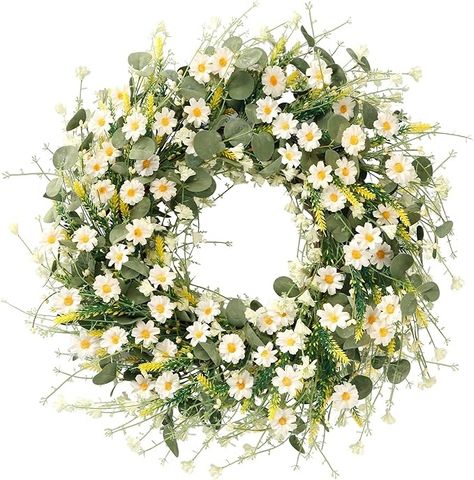 Amazon.com: Sggvecsy White Daisy Wreath 24 Inch Spring Summer Wreath Fake Silk Floral Wreath with Green Eucalyptus Leaves and Lavender for Front Door Window Wall Wedding Farmhouse Festival Decor : Home & Kitchen Summer Front Porch Decor, Daisy Wreath, Spring Summer Wreath, Yellow Wreath, Spring Floral Wreath, Material Wreaths, White Wreath, Eucalyptus Wreath, Leaf Wreath