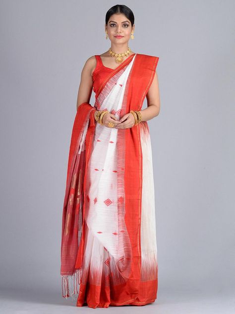 White And Red Saree, Jamdani Pattern, Red And White Saree, Saree Drapes, Onam Saree, Chill Wallpaper, Bengali Saree, Vs Image, Saree Draping Styles