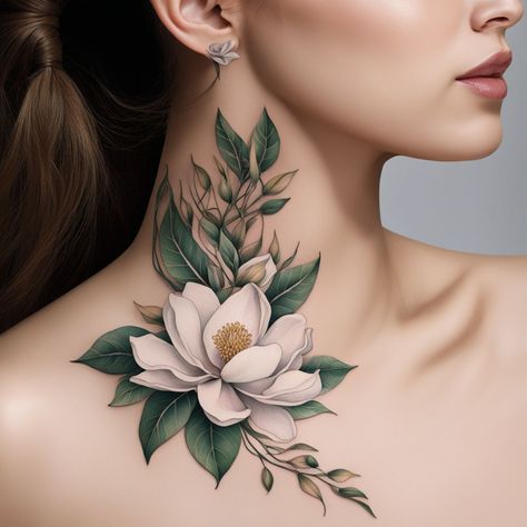 "Timeless Beauty: Magnolia Flower Tattoo on the Neck" #TimelessMagnolia #NeckFloralTattoo #ElegantInk #tattooinspirationworld #tattooartist #tattooart #tattooideas #ink #inktattoo #creative #inspiration #inspirational #motivational #mindfulness #spiritualityandpositivity #inkedtattoo #inkdrawing #inkedgirls #inkedup #inkart #tattooshop #tattooed #tattoo #tattooart #tattooideas #tattoodesign #tattooartist #tattoos #inktattoo #ink Magnolia Butterfly Tattoo, Magnolia Tree Tattoo, Magnolia Flower Tattoo, Jane Magnolia, Magnolia Tattoo, Ink Ideas, Design Drawings, Tree Tattoo, Magnolia Flower