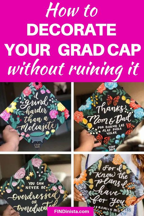 How to decorate graduation cap without ruining it - Looking for an easy way to decorate your grad cap?  Click to see the best way to DIY a fun high school or college grad cap!  #graduation #graduationcap #FINDinista Decorate Graduation Cap, Diy Grad Cap, Grad Diy, Nurse Graduation Cap, College Grad Cap Ideas, Grad Cap Decorated, Masters Graduation, Cap Graduation, High School Graduation Cap