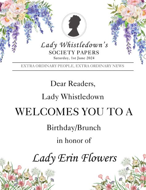 Canva Digital File, Bridgerton Welcome Sign Bridgerton Invitation Template, Bridgeton Invitation, Lady Whistledown Birthday Invitation, Bridgerton Party Decor Ideas, Bridgerton Dance Card, Bridgerton Welcome Sign, Birthday Collage, Garden Bridal Showers, Birthday Brunch