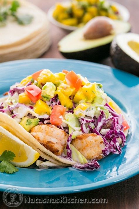 Shrimp Tacos with Coconut Coleslaw & Mango Salsa Coconut Slaw, Coconut Coleslaw, Coconut Fish, Mango Avocado, Juicy Shrimp, Shrimp Tacos, Two Fish, Food Coma, Mango Salsa