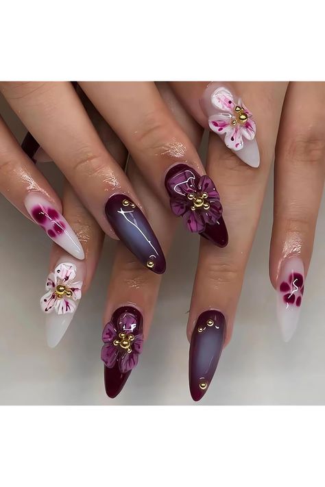 3D Handmade Press on Nails with Charms Medium Almond Fake Nails Cute Purple White Nails Press ons 3D Flowers Stick on Nails Almond Shape Acrylic Nails Pearl Nails for Women Daily Wear Nails Long Almond, Acrylic Nails Stiletto, Press On Nails Long, Long Almond, Medium Almond, Pearl Nails, Nails For Women, Peach Blossom, Blossom Design