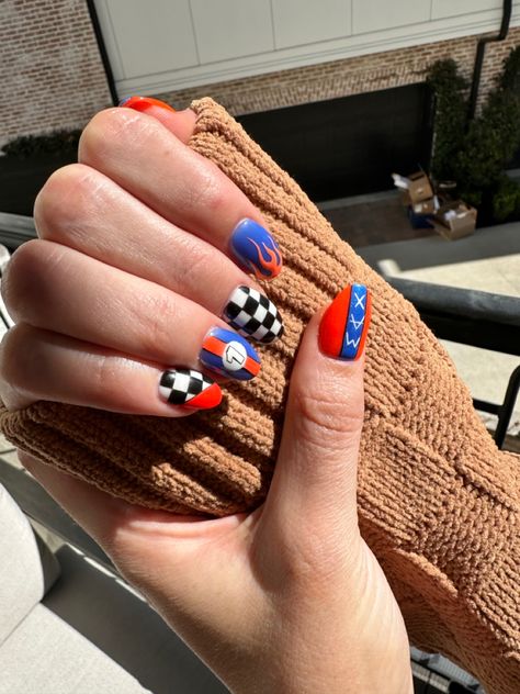 Red Bull Nails F1, F1 Nails Designs Red Bull, Max Verstappen Nails, Red Bull Nails, Redbull Nails, Formula 1 Nail Art, Formula 1 Nails, F1 Nails, Racing Nails