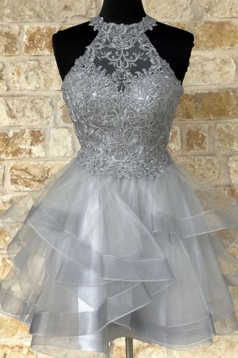 Prom Dresses Fluffy, Gray Homecoming Dress, Dresses Fluffy, Grey Lace Shorts, Cocktail Party Gowns, Halter Homecoming Dress, Blue Quince, Formal Dresses Graduation, Gowns Short