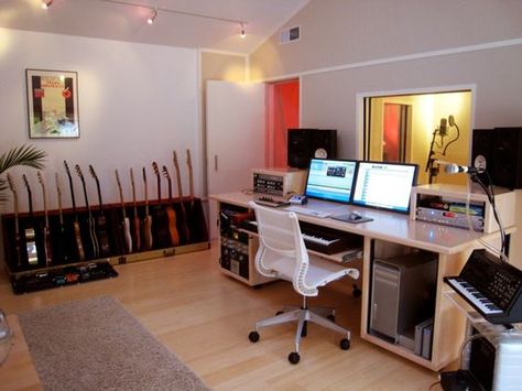 Check out this massive list of home studio setup ideas. Filter down by room colors, number of monitors, and more to find your perfect studio. Home Recording Studio Setup Ideas, Home Music Studio Design, Recording Setup, Music Studio Design, Nice Desk, Vocal Booth, Home Recording Studio Setup, Recording Studio Setup, Home Studio Ideas