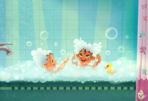 ArtStation - Bubble Bath Hairdos, Vipin Jacob Bathtub Illustration, Bath Illustration, Baby Bubble Bath, Book Illustration Design, Up Animation, Social Media Drawings, Story Books Illustrations, 동화 삽화, Alphabet Pictures