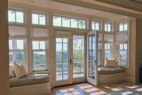 colonial style wall of glass French Doors With Transom, 6 Panel Door, Family Room Windows, Lakehouse Ideas, Transom Window, Sunroom Designs, Panel Door, Transom Windows, White Flat