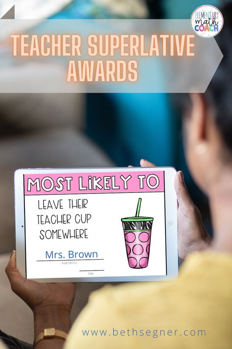 Celebrate the end of the year with your staff with teacher superlatives awards! A digital version is also included so you can edit and share directly on Google. #instructionalcoach #icoachteachers #principalsfollowprincipals #staffmoraleboost #elementarymathcoach End Of School Year Staff Party Ideas, Staff Involvement Ideas, End Of The Year Awards For Teachers And Staff, End Of Year Staff Awards, Marigold Effect Teachers, Teacher Staff Development Activities Fun, Fun Teacher Award Ideas, Teacher Superlatives Yearbook, Teacher Superlatives Funny