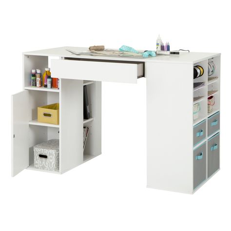 South Shore Crea Counter Height Craft Table, 319.99 | Wayfair Craft Table With Storage, Craft Tables With Storage, Diy Counter, Craft Table Diy, Craft Closet, White Counters, Grey Storage, Vanity Ideas, Craft Desk