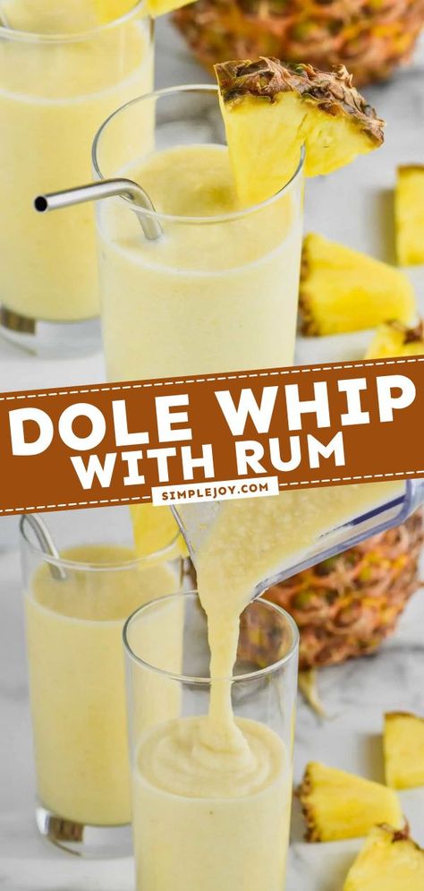 Learn how to make a Dole Whip with Rum! This easy cocktail recipe lets you bring home the magic of Disney — with a grown-up twist. With just 4 ingredients, you can have a frozen drink idea to enjoy anytime! Dole Whip Drink Alcohol, Blended Mixed Drinks Alcoholic, Mixed Drinks Alcoholic Sweet, Beachy Drinks Alcohol, Lake Day Drinks, Easy Frozen Alcoholic Drinks, Fun Summer Alcoholic Drinks, Slushie Alcohol Drinks, Sweet Alcoholic Drinks Easy