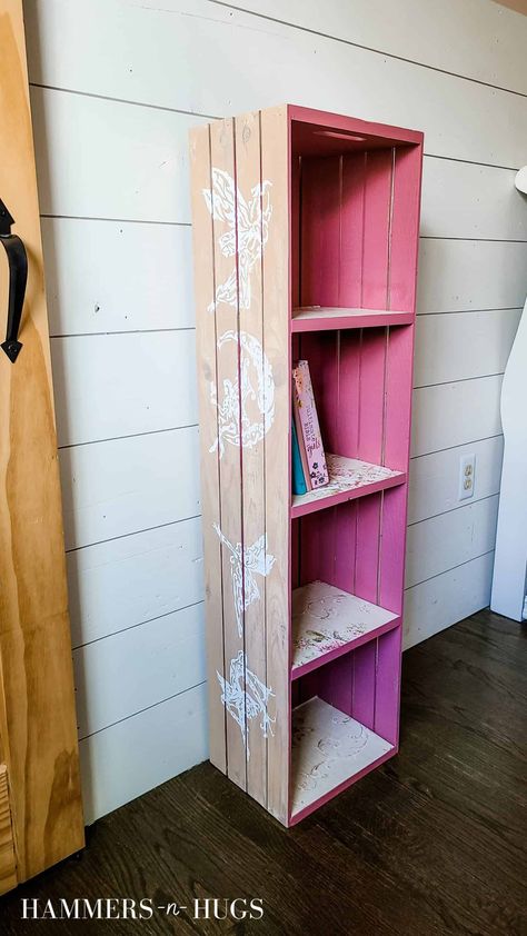 From drab to fab, check out the before and after of this bookshelf makeover for our girls’ bedroom and see what it looks like now! Tap on this pin to get this tutorial and more with Ahna Fulmer // ahnafulmer.com #bookshelf #diymakeover #paintingprojects Fairy Stencil, Bookshelf Makeover, Chalk Paint Makeover, Makeover Before And After, White Chalk Paint, White Side Tables, Girl Closet, Dixie Belle Paint, Diy Makeover