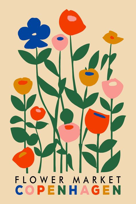 Flower Market Copenhagen Poster, Copenhagen Poster, Scandinavian Floral, Wall Art Scandinavian, Adobe Illustrator Design, Market Poster, Denmark Travel, Flower Graphic Design, Flower Market Poster