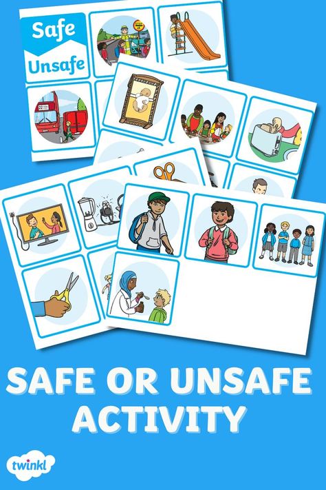 Reinforce examples of safe and unsafe with our Safe or Unsafe? Activity. Students will look at the illustrations and determine if the actions are safe or unsafe. This would be a great activity for students to complete individually and then review with the whole class. Staying Safe Preschool Crafts, Safe Unsafe Activities, Classroom Safety Activities, Safe Choices Preschool, Safe And Unsafe Worksheets, Safe And Unsafe Touch Activities, Staying Safe Preschool Theme, Community Safety Activities, Staying Safe Preschool Activities