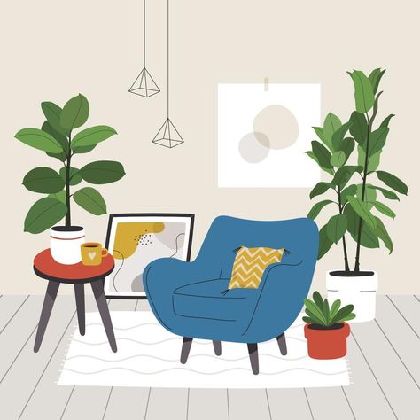 Living Room Illustration, Bedroom Illustration, Plant Vector, Interior Illustration, House Illustration, Decorating Small Spaces, Flat Illustration, Comfortable Chair, Cozy Living Rooms