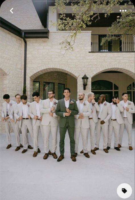 Groom Suit Colors Wedding Ideas, Groomsmen In Green Suits, Green Suit Beach Wedding, Mens Spring Wedding Attire, Sage Green Men’s Wedding Attire, Dark Green Tux Wedding, Sage Green Suits For Men Wedding, Sage Green Groom Attire, Pink And Green Groomsmen Attire