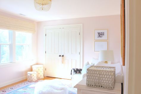 melted ice cream by benjamin moore Melted Ice Cream, Floral Drapery, Grey Crib, Toddler Girl Room, White Chair, Pink Paint, Benjamin Moore, Wood Shelves