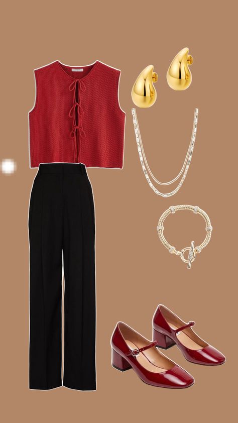 Red tie vest. Date night outfit inspo. red heel. Red Heels Outfit Night, Red Vest Outfit, 1st Date Outfit, Red Heels Outfit, Cute Rave Outfits, Fall Date Night Outfit, Fall Date Night, Date Night Outfit Ideas, Night Outfit Ideas