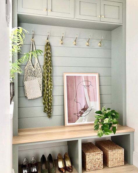 Custom built boot room, painted in Farrow & Ball Pigeon with an oak seat and brass hardware Pigeon Bedroom, Farrow And Ball Pigeon, Pebble Dash, Painting Shiplap, 1930s House, Loft Room, Farrow And Ball, Boot Room, Metallic Wallpaper