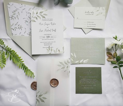 The Ava Wedding Invitation suite features soft sage green branches that lightly frame the invitation and vellum jacket. The RSVP and details cards have been designed with shades of greens taken from the branch detail for a cohesive but more custom look. We can customize each card to fit your needs, remove the backgrounds or modify to your taste. See how Raspberry Creative can help you create the perfect wedding stationery suite for your big day. Modern Greenery Wedding, Wed Invitation, Modern Greenery, Green Invitations, Sage Wedding, Green Wedding Invitations, Pocket Wedding Invitations, Sage Green Wedding, Spring Wedding Inspiration