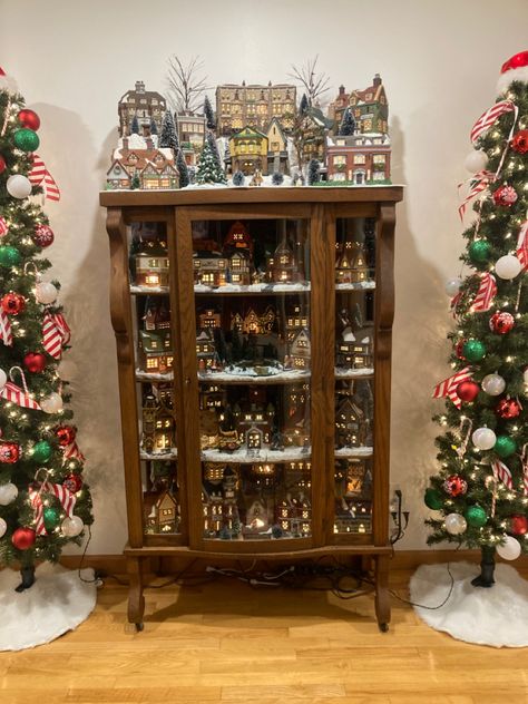 Dickens Village Display, China Hutch Decor, Christmas Village Decorations, Hutch Decor, China Hutch, Dickens Village, Christmas Village Display, Village Display, China Cabinets