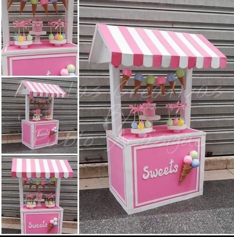 Candy Shop Theme Party, Candy Stand Ideas Display, Diy Ice Cream Stand Cardboard Boxes, Sweet Stall Ideas, Candy Stand Ideas, Diy Dessert Cart, Ice Cream Stand Ideas, Ice Cream Stand Diy, Cardboard Ice Cream Stand