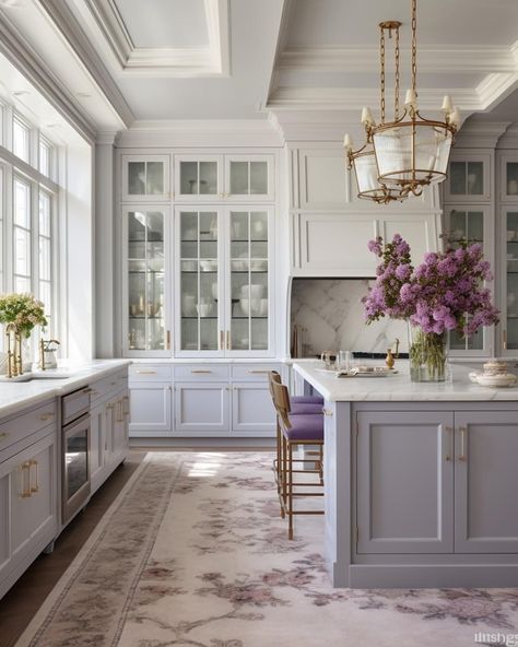 Classic Country Kitchen, Light Purple Kitchen Cabinets, Feminine Kitchen Design, French Contemporary Home, Modern French Country Kitchen, Modern Classic Kitchen, French Style Kitchen, Coastal Design Style, Fancy Kitchen