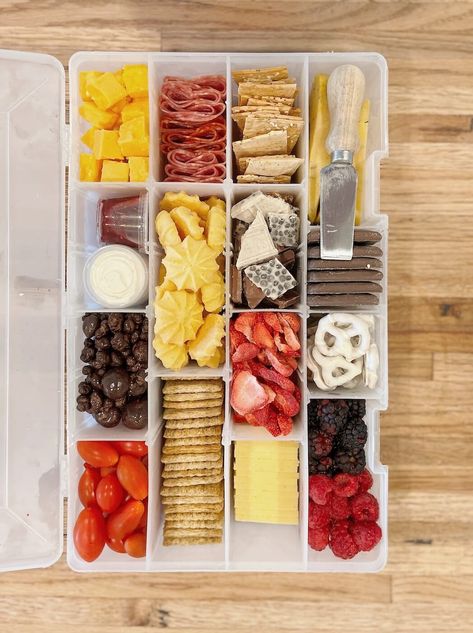 Snacks On The Go! 18 Tackle Box Charcuterie Ideas - ICA Charcuterie Board For Road Trip, Toolbox Charcuterie, Charcuterie Board Tackle Box Idea, Charcuterie Container Ideas, Car Charcuterie Board, Snackle Box Ideas For Boat, Adult Snackle Box Ideas, Road Trip Charcuterie, Charcuterie Tackle Box Ideas