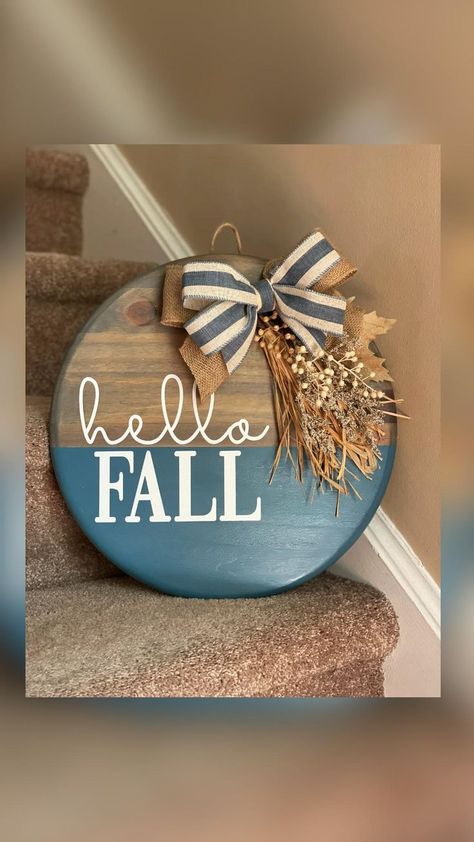 Door hanger, hello fall, wood round | Door signs diy, Circle crafts, Cricut crafts Cricut Last Name Welcome Sign, Vinyl Door Hanger, Fall Front Door Hanger, Fall Wood Door Hangers, Fall Wood Rounds, Round Wooden Sign Ideas, Circle Wood Signs, Circle Wood Signs Diy, Fall Round Wood Signs