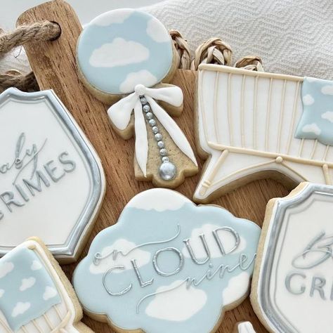 Louise & Co. Cookies on Instagram: "ON CLOUD 9 ☁️" Cloud 9 Cookies Decorated, Cloud 9 Baby Shower Cookies, Airplane Baby Shower Cookies, On Cloud Nine Cookies, Cloud Baby Shower Cookies, Cloud 9 Cookies, Cloud Baby Shower Theme, Gender Reveal Cookies, Airplane Baby Shower