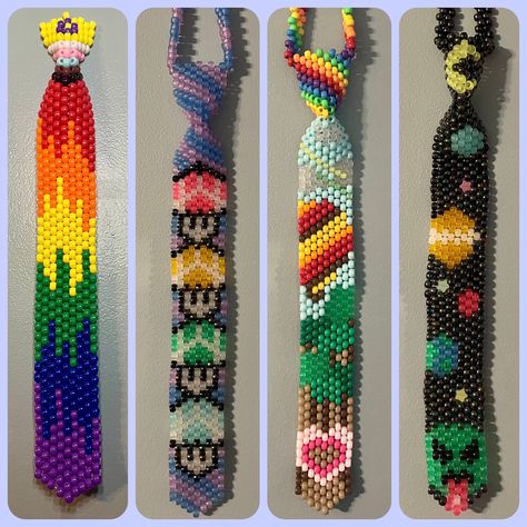 Design your own custom kandi necktie made to order! Choose your colors, design, or theme and customize your own creation. Perfect for your next show or event, this tie is sure to make a statement.  The limit of design is your imagination! Let's work together to make your kandi dreams a reality. Feel free to reach out @ kandi.shroomz@gmail.com with detailed theme requests. Please allow for generous response time, especially during holiday and festival seasons. Be sure to include your neck size in Space Crafts For Adults, How To Make A Kandi Tie, Kandi Tie Pattern, Gravity Falls Kandi, Kandi Tie, Kandi Harness, Scene Kandi, Bracelets Kandi, Kandi Cuff Patterns