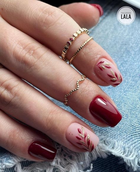 Bridesmaids Nails, Fall Gel Nails, October Nails, Simple Gel Nails, Work Nails, Casual Nails, Burgundy Nails, Cute Gel Nails, Leaves Design