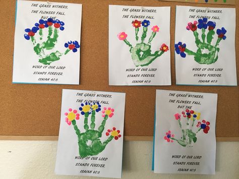 Spring time craft - the flowers fade but the word of the Lord last forever. God Cares For The Birds And Flowers Craft, Spring Bible Lessons For Kids, Childrens Ministry Crafts, Grow With God, Flowers Fade, Growing In God, Scriptures For Kids, June Crafts, Devotions For Kids