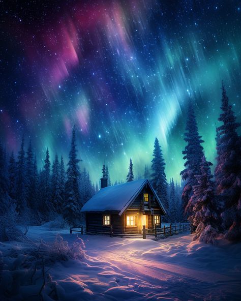 Christmas Northern Lights, Northern Lights Wallpaper, Winter Houses, Pretty Paintings, Northern Lights (aurora Borealis), Winter Night, Generative Art, Winter House, Cozy Cottage