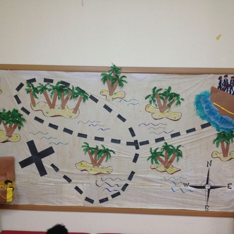 Treasure map bulletin board! We did this for or pirate themed party ! Pirate Ship Bulletin Board, Map Bulletin Board Ideas, Pirate Bulletin Board Ideas, Pirate Bulletin Boards, Map Bulletin Board, Treasure Theme, Pirate Theme Classroom, Pirate Themed Party, Class Rewards