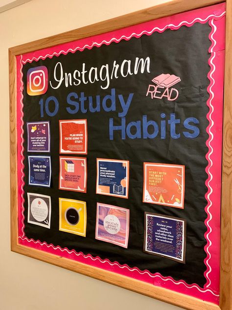 Instagram RA bulletin board- 10 study habits Sixth Form Display Board, Study Hall Ideas, Study Tips Bulletin Board, Study Habits Bulletin Board, Study Skills Bulletin Board, Middle School Student Council, Ra Bulletin Boards Educational, High School Door, Study Tips Bulletin Board Ra