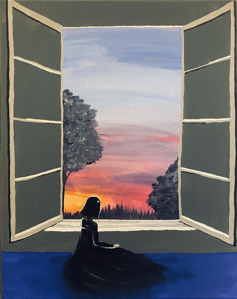 Window Painting Ideas Canvas, Watching Sunset Drawing, Window Sketch, Sunrise Drawing, Sunset Watching, Night Window, Window Illustration, Window Drawing, Acrylic Tutorials