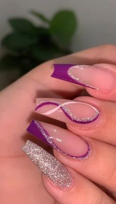 Purple And Silver Nails, Ongles Bling Bling, Silver Nail Designs, Purple Acrylic Nails, Purple Nail Designs, Blue Acrylic Nails, Fancy Nails, Purple Nails, Long Acrylic Nails