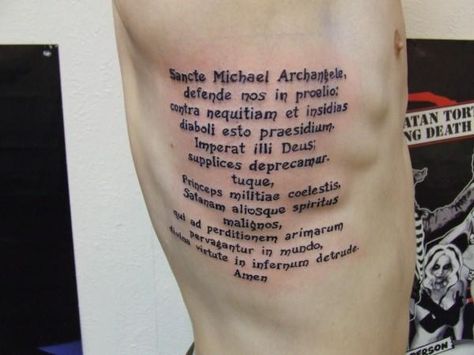 prayer to St. Michael love it... Hockey Tattoo, Fallout Tattoo, Police Tattoo, Gas Mask Tattoo, Prayer Tattoo, St Michael Tattoo, Latin Tattoo, Punk Guys, Michael Tattoo