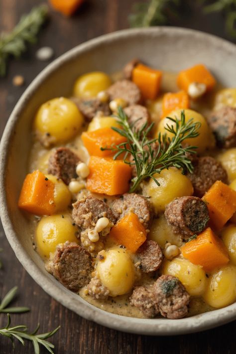 Creamy Butternut Squash Gnocchi with Sausage Recipe  Ingredients  - 1 pound butternut squash, peeled and diced - 1 tablespoon olive oil - 1/2 pound Italian sausage, casings removed - 1 cup heavy cream - 1 teaspoon sage, chopped - 1 pound store-bought gnocchi - Salt and pepper to taste - Grated Parmesan cheese for serving  Instructions  - Preheat oven to 400°F. Toss the diced butternut squash with olive oil, salt, and pepper, then spread it on a baking sheet and roast for 25 minutes or until tender. - In a large skillet, cook the Italian sausage over medium heat until browned, breaking it into pieces with a spatula. Once done, add the heavy cream and sage, stirring until combined.  Read more on... Creamy Butternut Squash Gnocchi, Diced Butternut Squash, Gnocchi With Sausage, Butternut Squash Gnocchi, Squash Gnocchi, Creamy Butternut Squash, Making Gnocchi, Sausage Recipe, Autumn Recipes