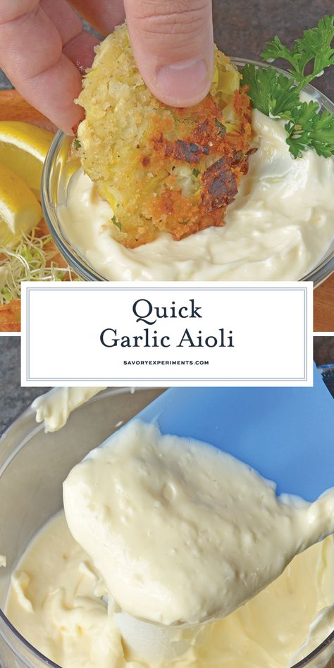 Quick Garlic Aioli is one of the easiest ways to punch up any dish or meal. Make this simple sauce in less than 5 minutes! #aiolirecipes #garlicaioli www.savoryexperiments.com White Sauces, Aoili Recipe, Aioli Sauce Recipe, Garlic Aioli Sauce, Garlic Aioli Recipe, Food Sauces, Homemade Aioli, Aioli Sauce, Aioli Recipe