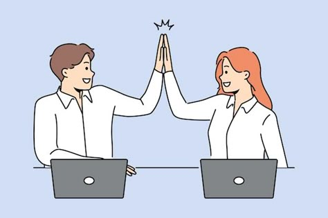 Smiling colleagues give high five workin... | Premium Vector #Freepik #vector #employee-working #personnel #happy-workplace #employee High Five Drawing, Picture For Presentation, Interview Picture, Workplace Relationships, Emotional Mastery, Sara Faber, Happy Workplace, English Business, Minimal Drawing