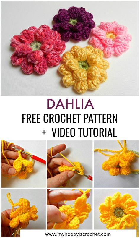 My Hobby Is Crochet: Crochet Dahlia Flower - Free Pattern with Step by Step Pictures and Video Tutorial | My Hobby is Crochet Crochet Dahlia, Crochet Flower Pattern, Crochet Flowers Easy, Crochet Flowers Free Pattern, Crochet Plant, Learn How To Crochet, My Hobby, Crochet Flower Tutorial, Dahlia Flower