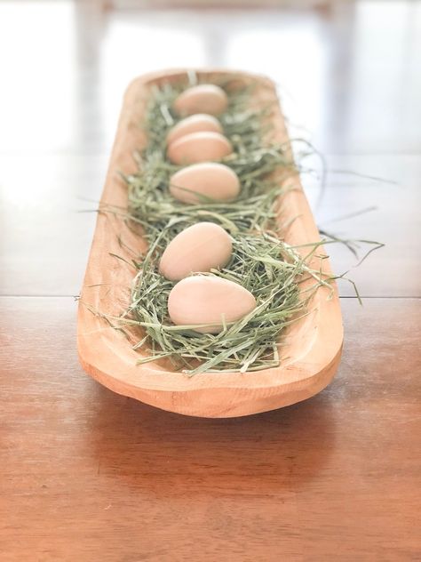 Spring Dough Bowl Decor, Dough Bowl Decor Ideas, Bowl Decor Ideas, Dough Bowl Decor, Dough Bowl Centerpiece, Bunny Dishes, Bowl Decor, Easter Place Settings, Scripture Decor