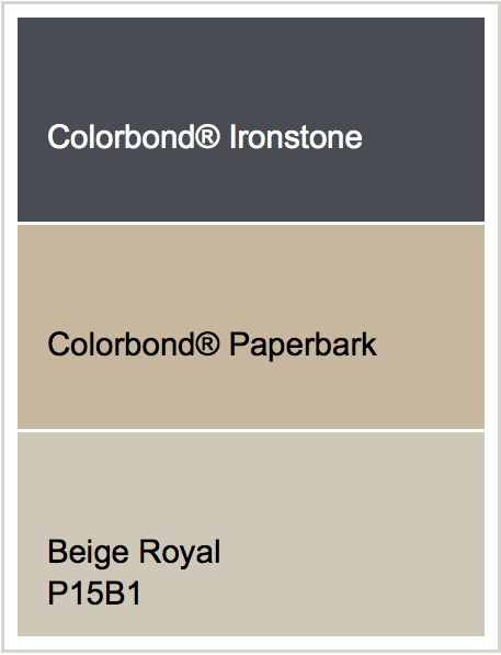 Roof - Ironstone |  Render - Beige Royal  |  Windows - Paperbark Colourbond Colours, House Paint Exterior Colour Schemes, 1940 House, Rendered Houses, Paint Colors For House, Colors For House, Beige Color Scheme, House Colour, Roof Paint