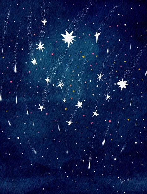 Stars Aesthetic Illustration, Stars Illustration Art, Shooting Stars Drawing, Stardust Illustration, Comet Illustration, Starry Night Illustration, Shooting Star Drawing, Night Sky Illustration, Stars Artwork