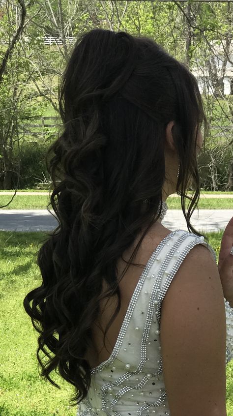 Half Up Half Down Prom Hair With Sparkles, Prom Hairstyles For Long Hair Half Up Half Down, Prom Hairstyles For Long Hair Black, Cute Prom Hair Half Up Half Down, Half Up Half Down Hair Dark Hair, Hair Styles Curled Half Up Half Down, Cute Prom Hairstyles Black Hair, Prom Hair Dark Brown, Half Up Down Prom Hair